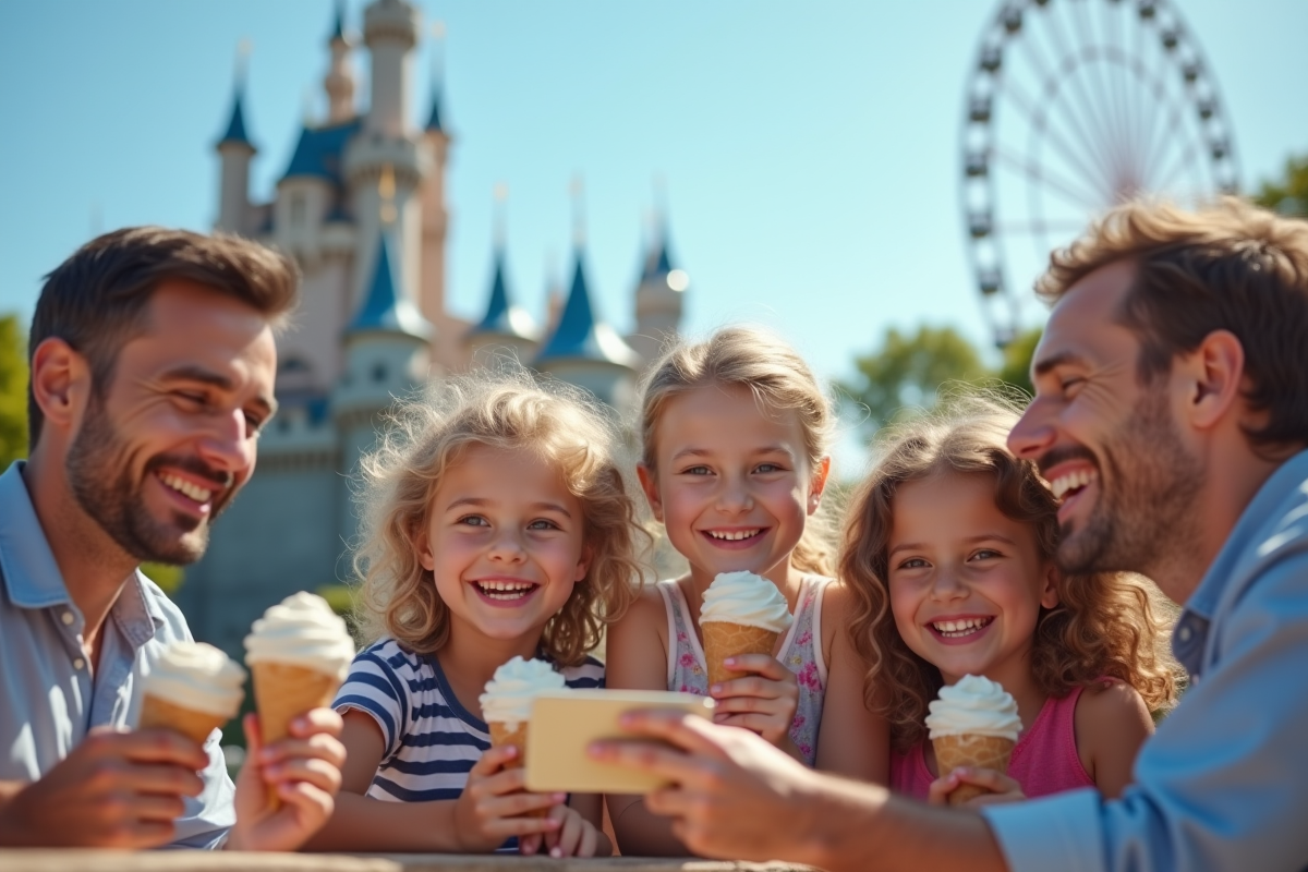 Famille souriante profitant d une journée dans un grand parc d attractions européen en 2025