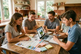 Famille française planifiant ses vacances d'été 2026 autour d'un calendrier scolaire sur une table en bois