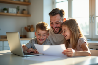 Famille souriante autour d une table de cuisine lumineuse