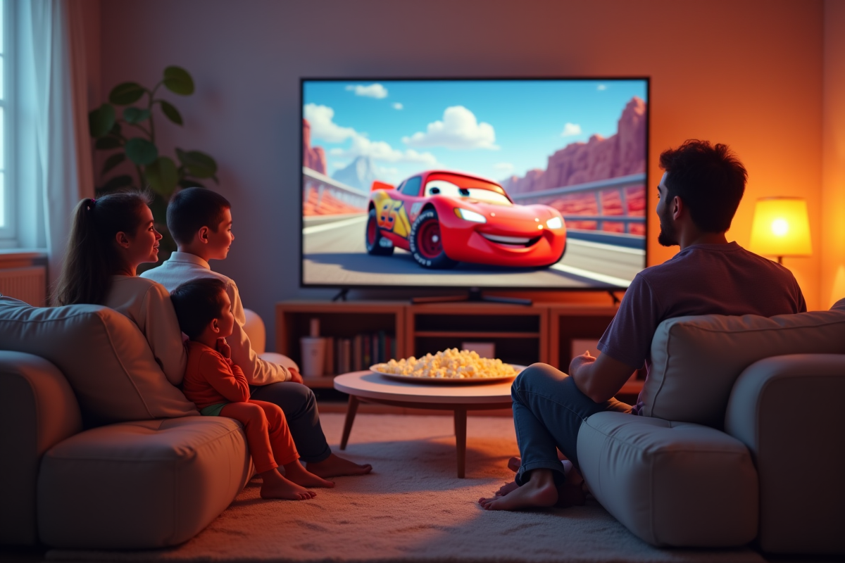 Famille regardant un film d'animation sur la télévision du salon