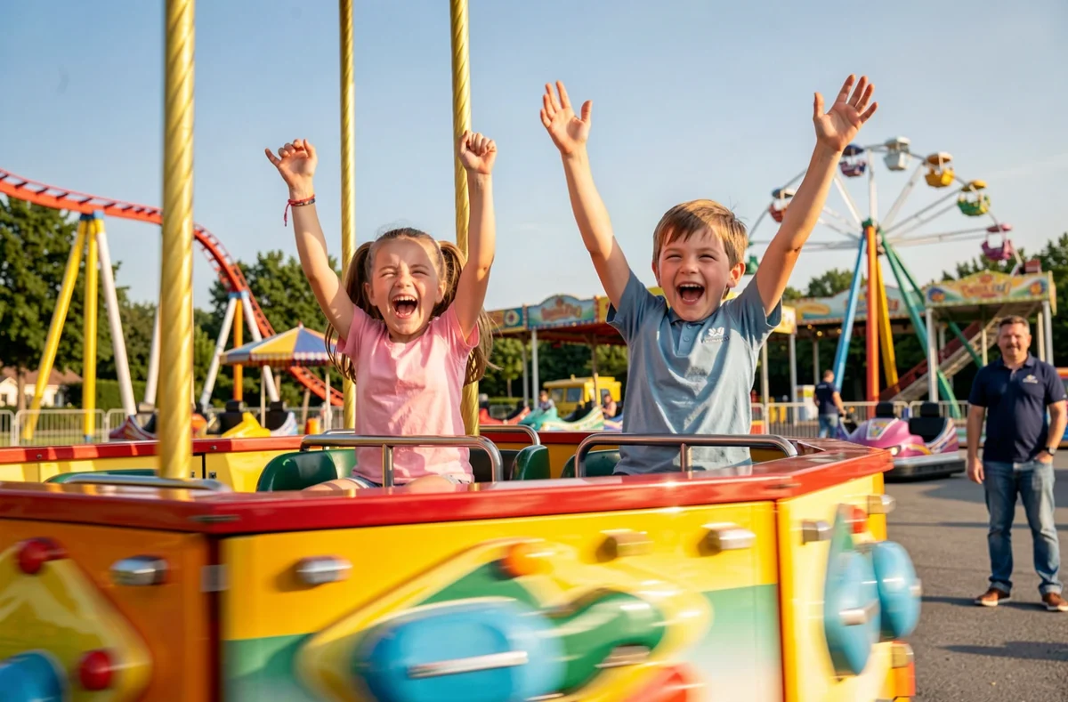 Enfants riant sur un manège coloré au Family Park