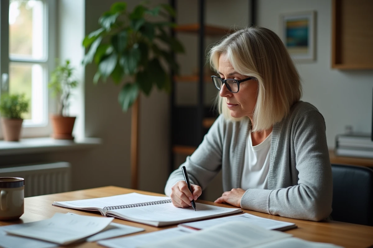 Femme prenant des notes sur la vie d'Elsa Fourlon à son bureau, symbolisant l'intérêt profond des fans pour sa famille et ses enfants