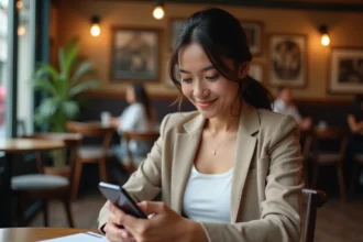 Femme consultant son smartphone dans un café parisien, illustrant la curiosité des fans autour de la vie personnelle d'Elsa Fourlon