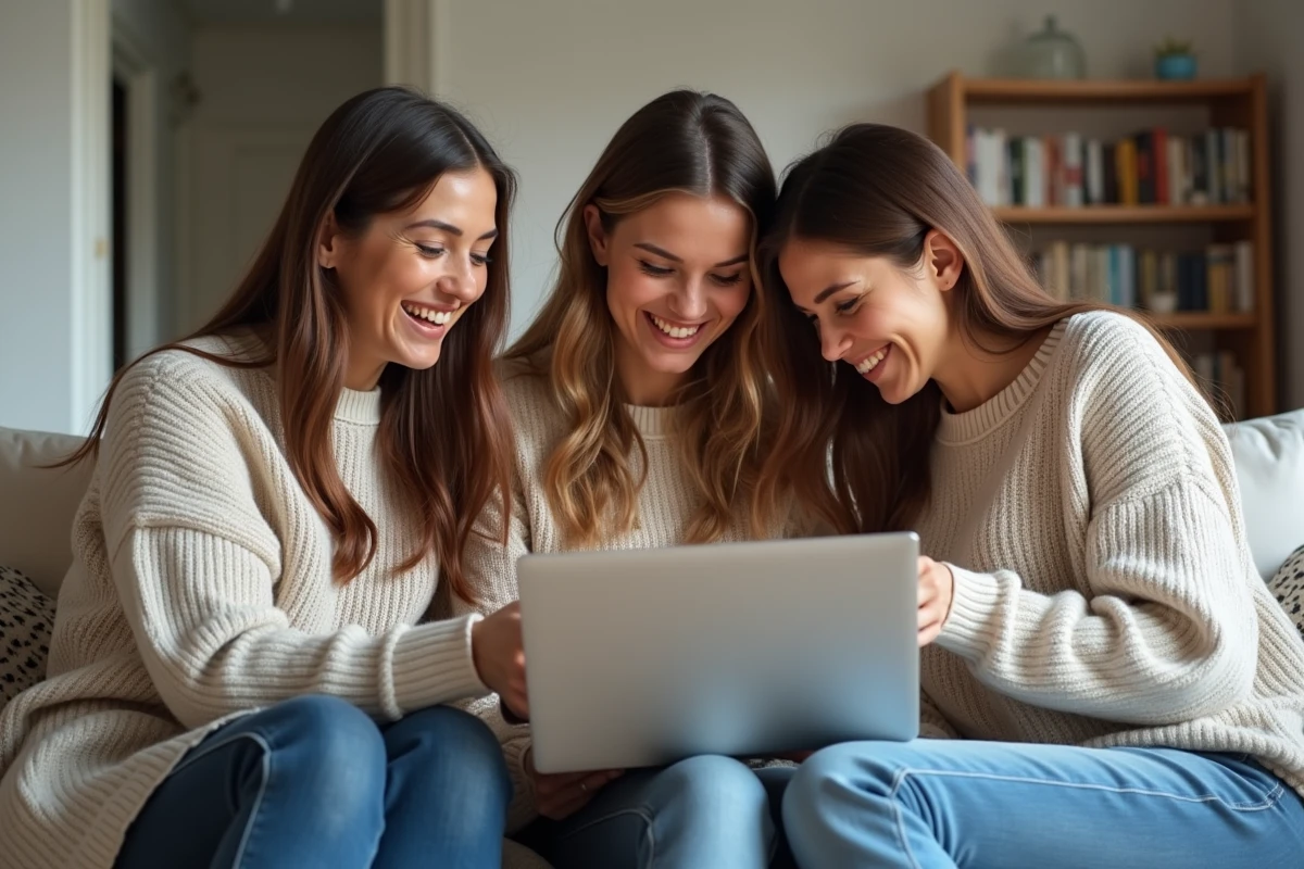 Groupe de femmes passionnées discutant autour d'un ordinateur portable, représentant l'engouement des fans pour les questions sur les enfants d'Elsa Fourlon