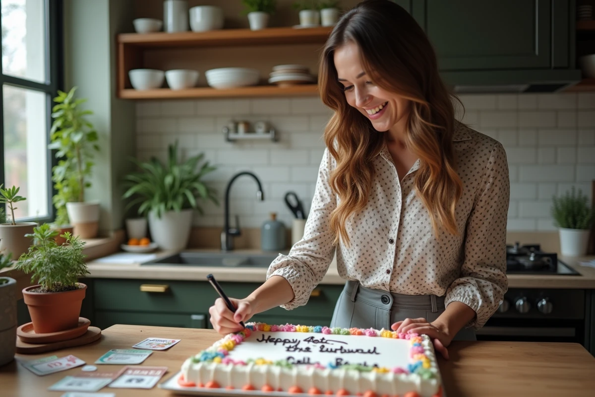 Femme de 40 ans écrivant un message sur un gâteau en cuisine urbaine