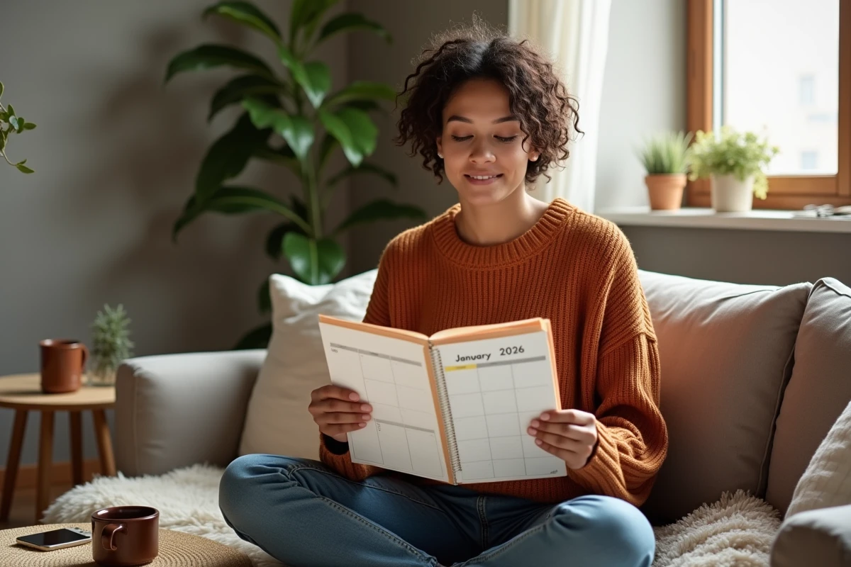 Jeune femme consultant un agenda 2026 avec numéros de semaines paires et impaires assise sur un canapé