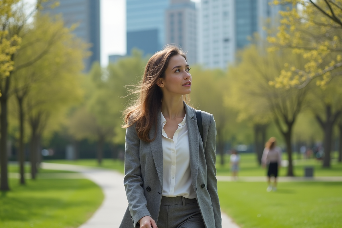 Jeune femme élégante se promenant dans un parc urbain