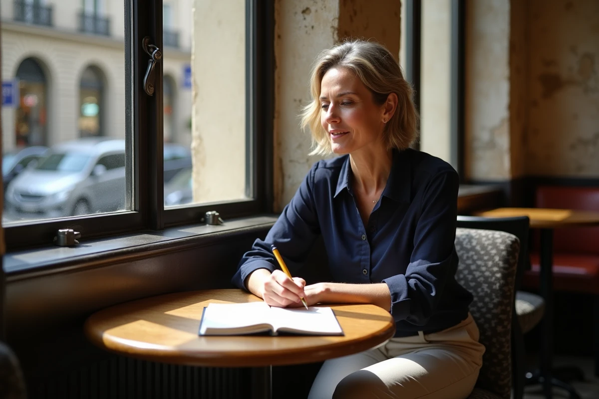 Femme assise lisant dans un café parisien en intérieur
