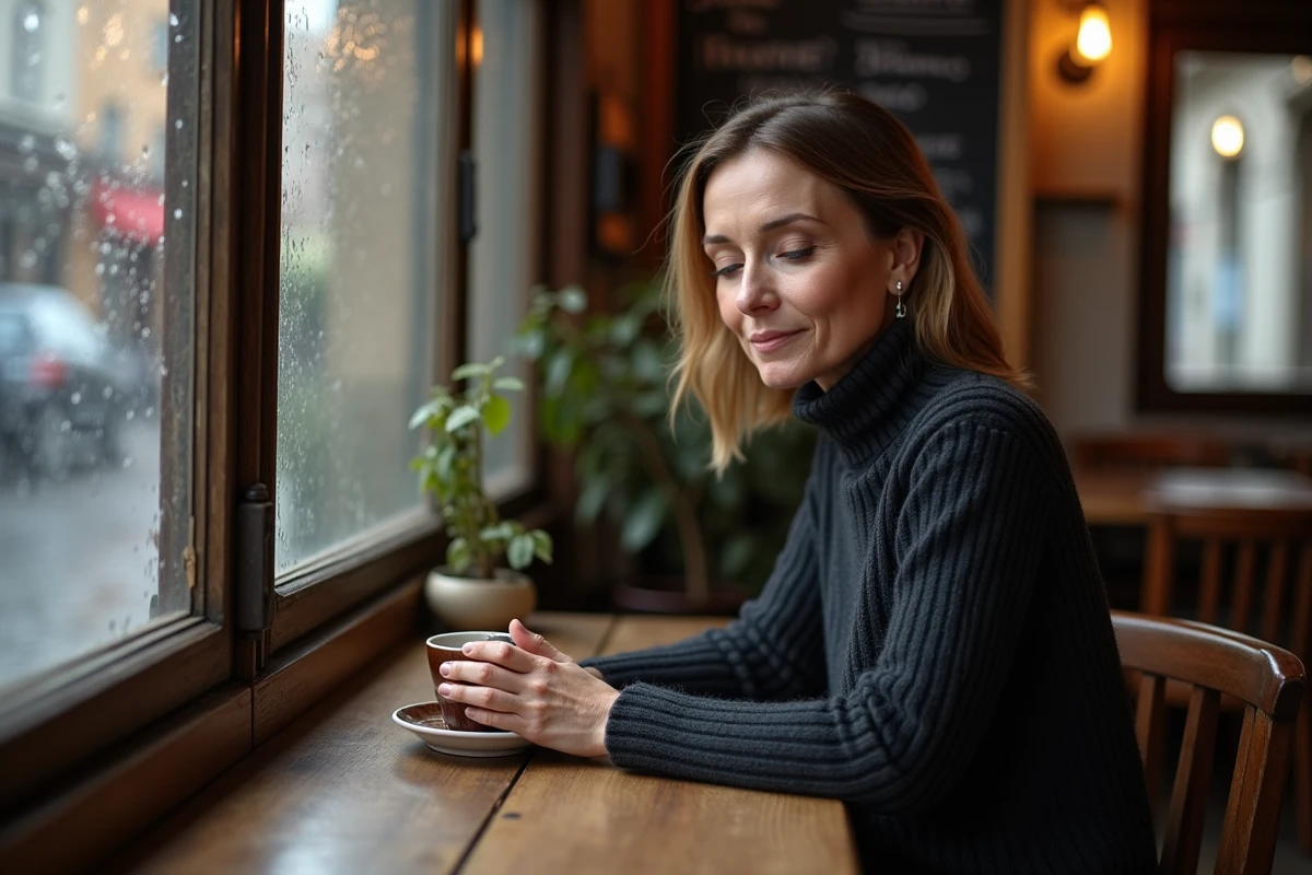 Femme pensive attablée seule dans un café parisien traditionnel, reflétant sur la vie privée et l'identité personnelle