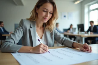 Femme en blazer gris annotant un calendrier 2026 à semaines paires et impaires dans un bureau moderne