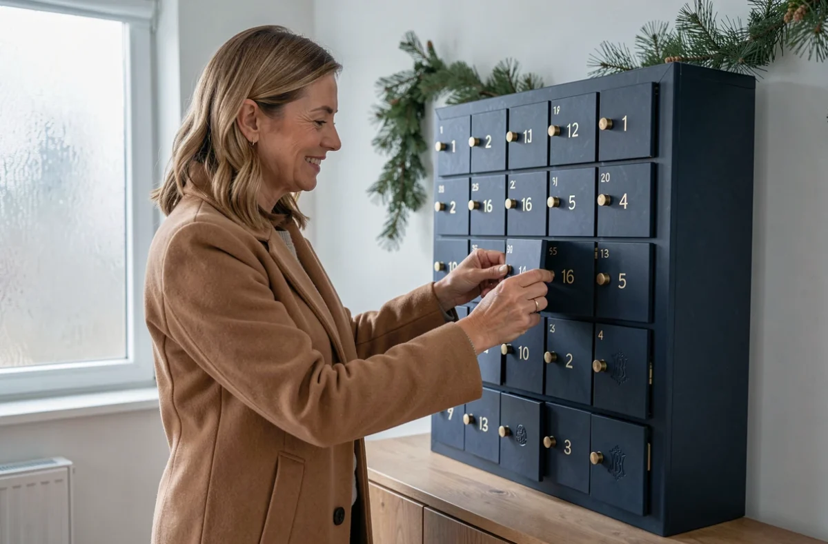 Femme élégante en manteau cachemire ouvrant une case d'un calendrier de l'Avent luxe monogrammé dans un salon scandinave