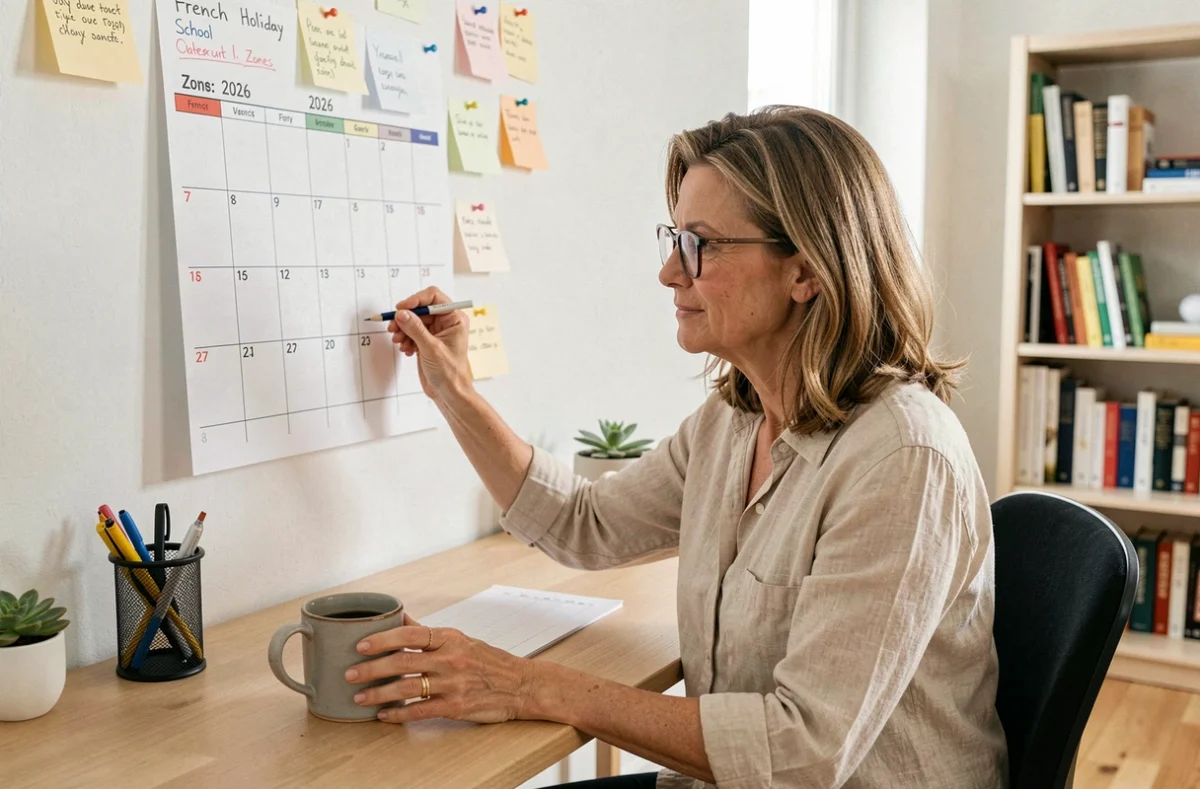 Femme consultant un calendrier des vacances scolaires 2026 affiché au mur dans un bureau à domicile