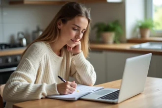 Jeune femme enceinte consultant une liste de prénoms de bébé sur un site internet depuis sa cuisine