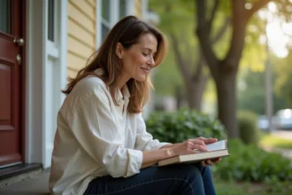 Femme discrète et élégante lisant sur le porche de sa maison, symbolisant une vie privée loin des projecteurs