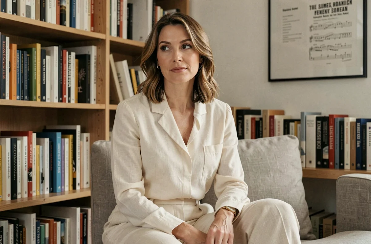 Femme élégante au regard pensif assise dans une bibliothèque contemporaine entourée de partitions et livres d'art, portrait intimiste au style éditorial