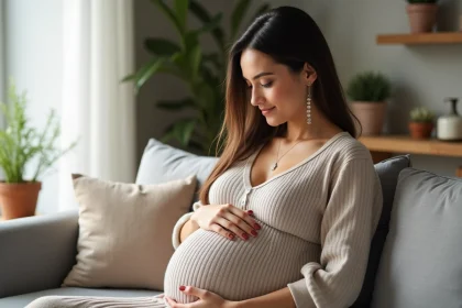 Femme enceinte assise avec bola en pendentif dans un salon lumineux