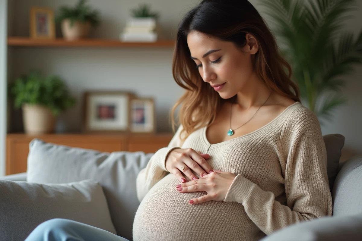 Femme enceinte avec bola dans un salon chaleureux