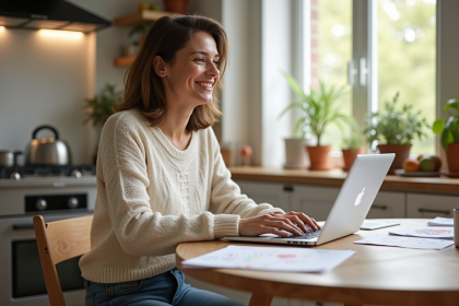 Femme souriante dans sa cuisine familiale chaleureuse