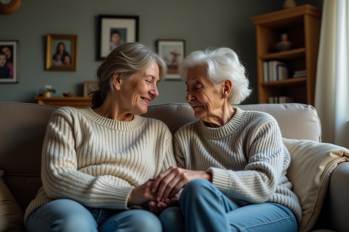 Femme fatiguée assise avec sa mère dans un salon familial