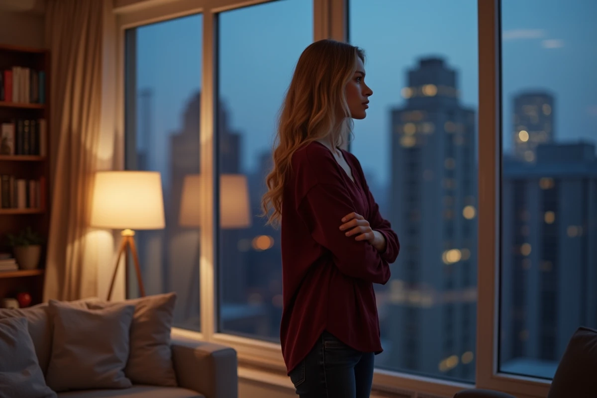 Femme debout près d'une fenêtre en appartement au crépuscule, pensive, évoquant un manque affectif en relation amoureuse