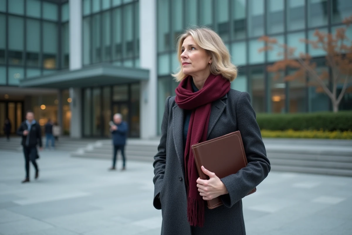 Femme professionnelle devant un bâtiment institutionnel parisien, tenant un portfolio, expression déterminée