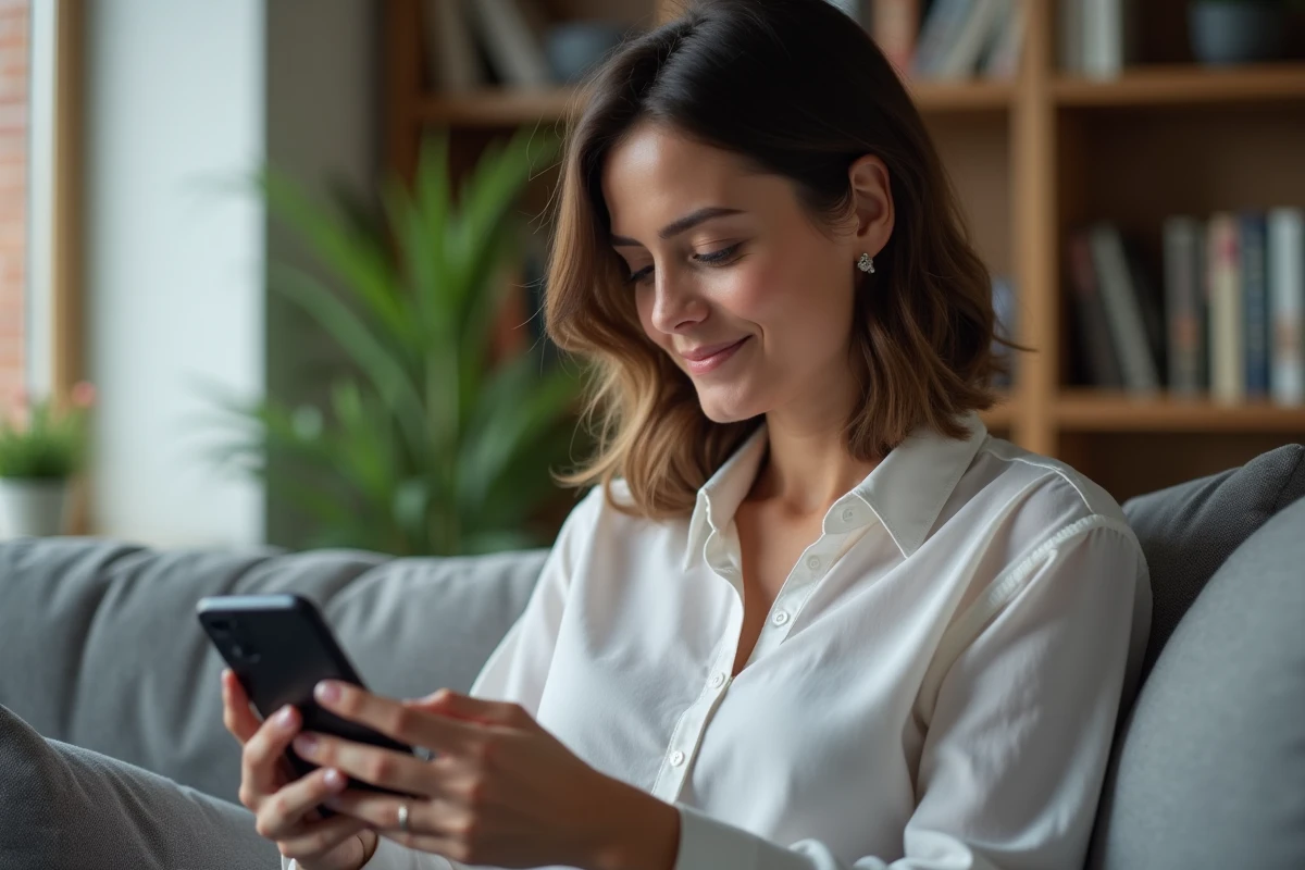 Femme lisant sur son smartphone dans un salon moderne