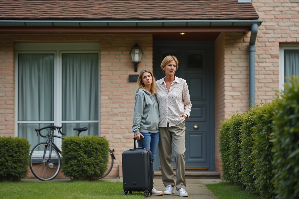 Mère française avec son fils devant la maison