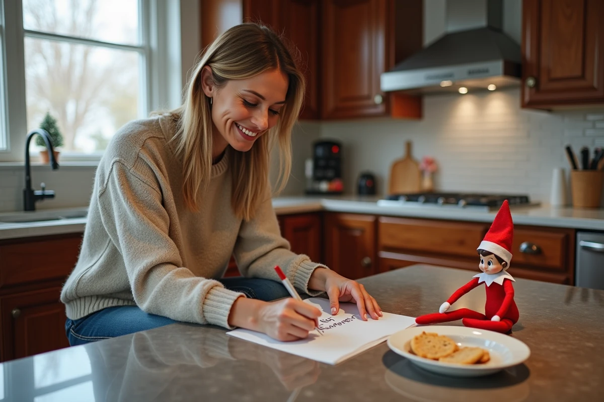Femme écrivant une note avec un elfe en décoration de Noël