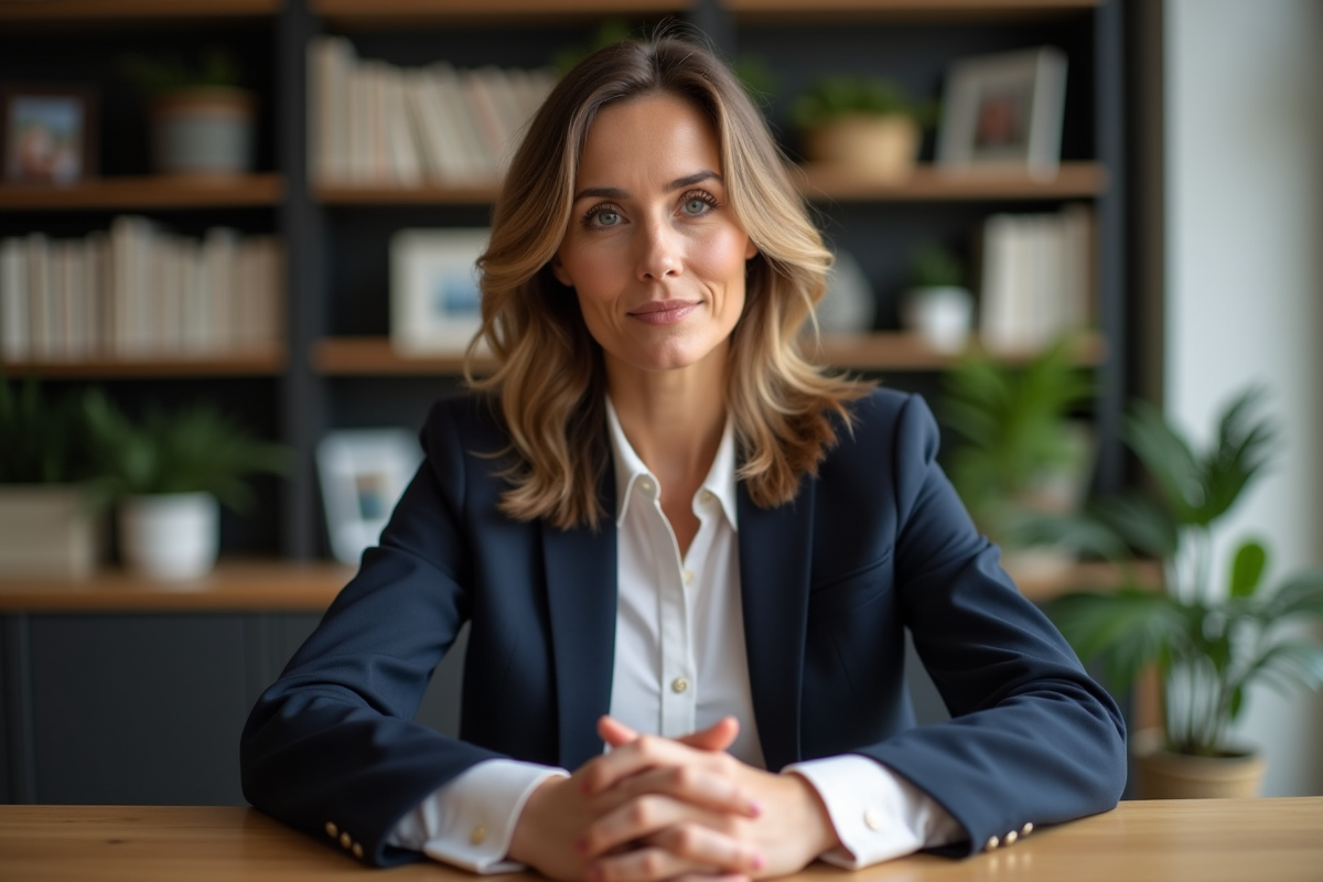 Femme en bureau moderne avec blazer bleu et livres