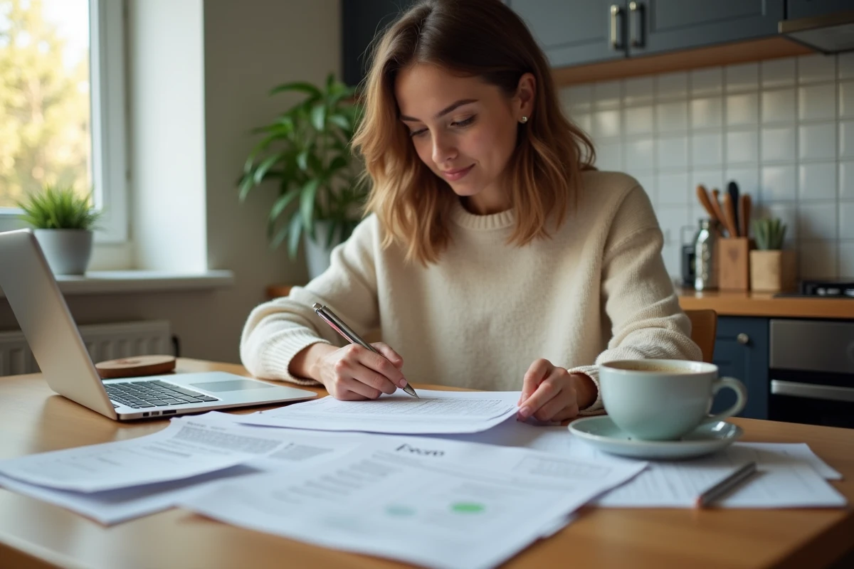 Femme organisée avec documents dans une cuisine chaleureuse