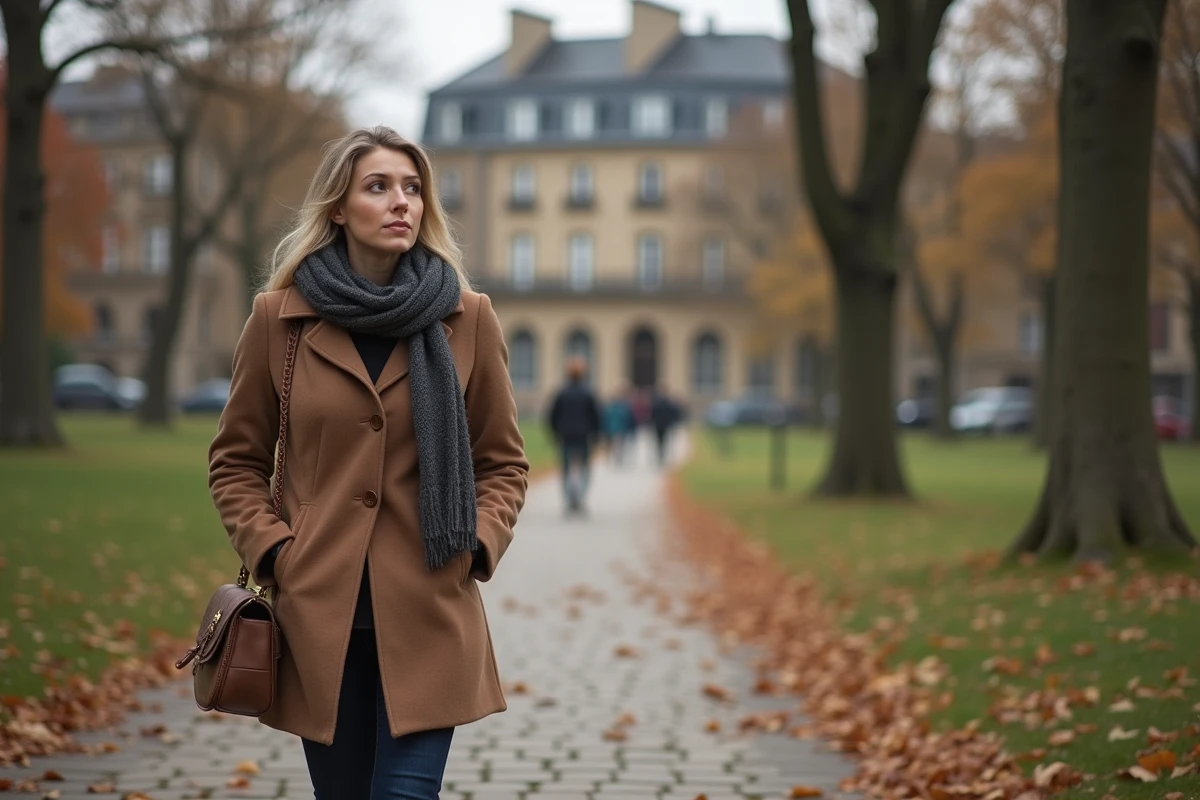 Femme marchant dans un parc parisien en automne