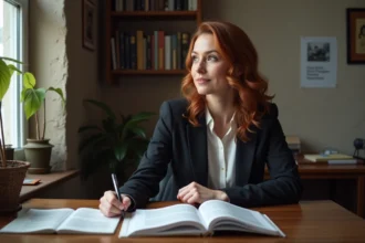 Femme pensant dans un bureau avec livres et papiers