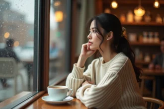 Femme pensive seule dans un café regardant par la fenêtre, illustrant les besoins affectifs non comblés en couple