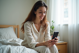 Femme en pyjamas posant son smartphone sur la table de nuit