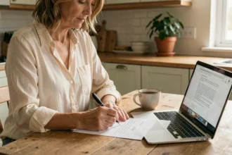 Femme rédigeant une lettre de préavis pour une assistante maternelle à la table de la cuisine