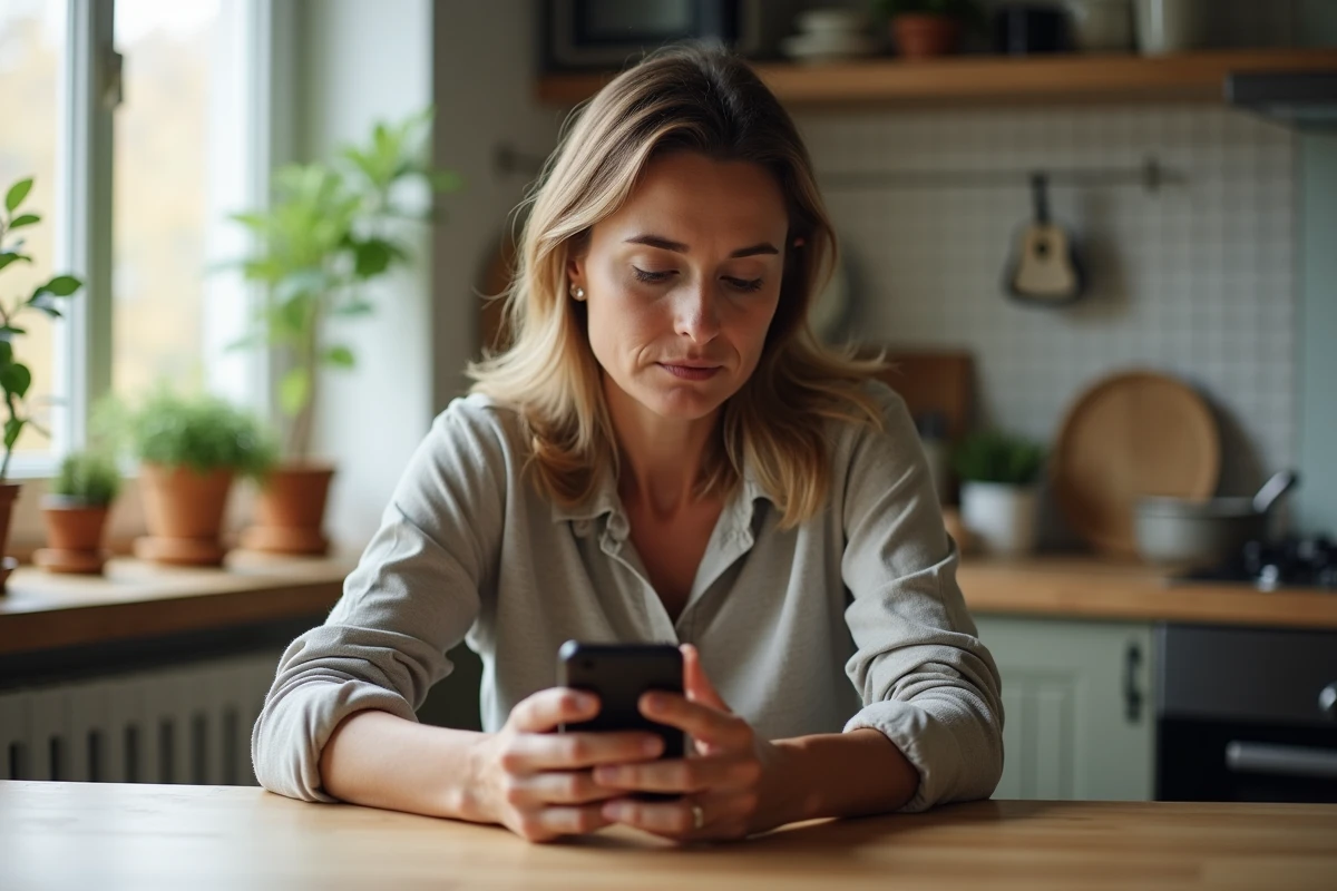 Femme contemplant son téléphone dans une cuisine chaleureuse