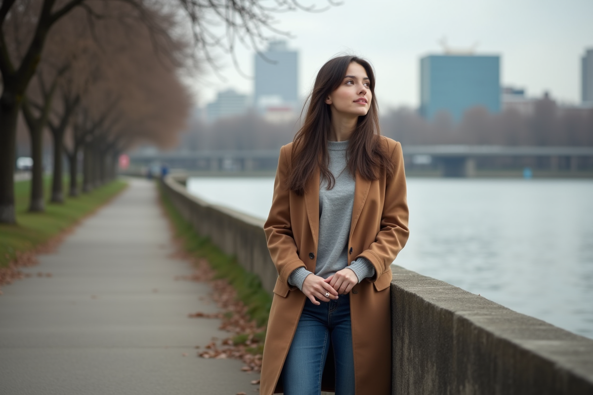 Femme pensant au bord de la rivière en ville