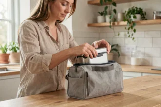 Femme préparant un sac à goûter isotherme avec une lunchbox en acier inoxydable dans une cuisine moderne
