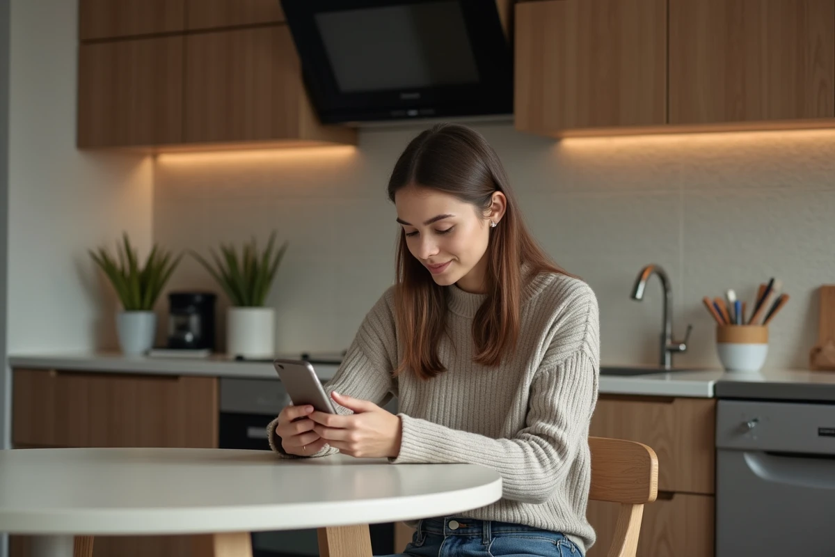 Jeune femme seule dans une cuisine moderne regardant son téléphone