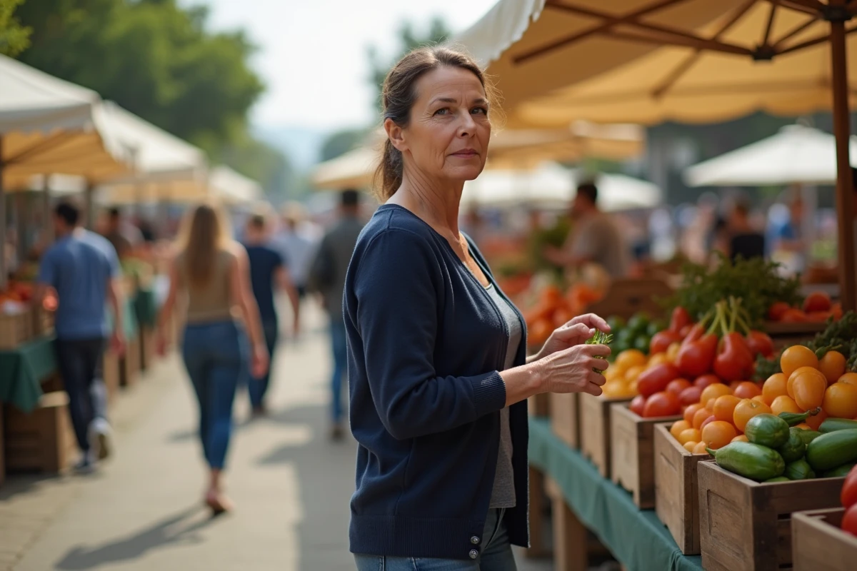 Femme anonyme et sereine faisant ses courses au marché local, illustration d'une vie quotidienne préservée de la notoriété