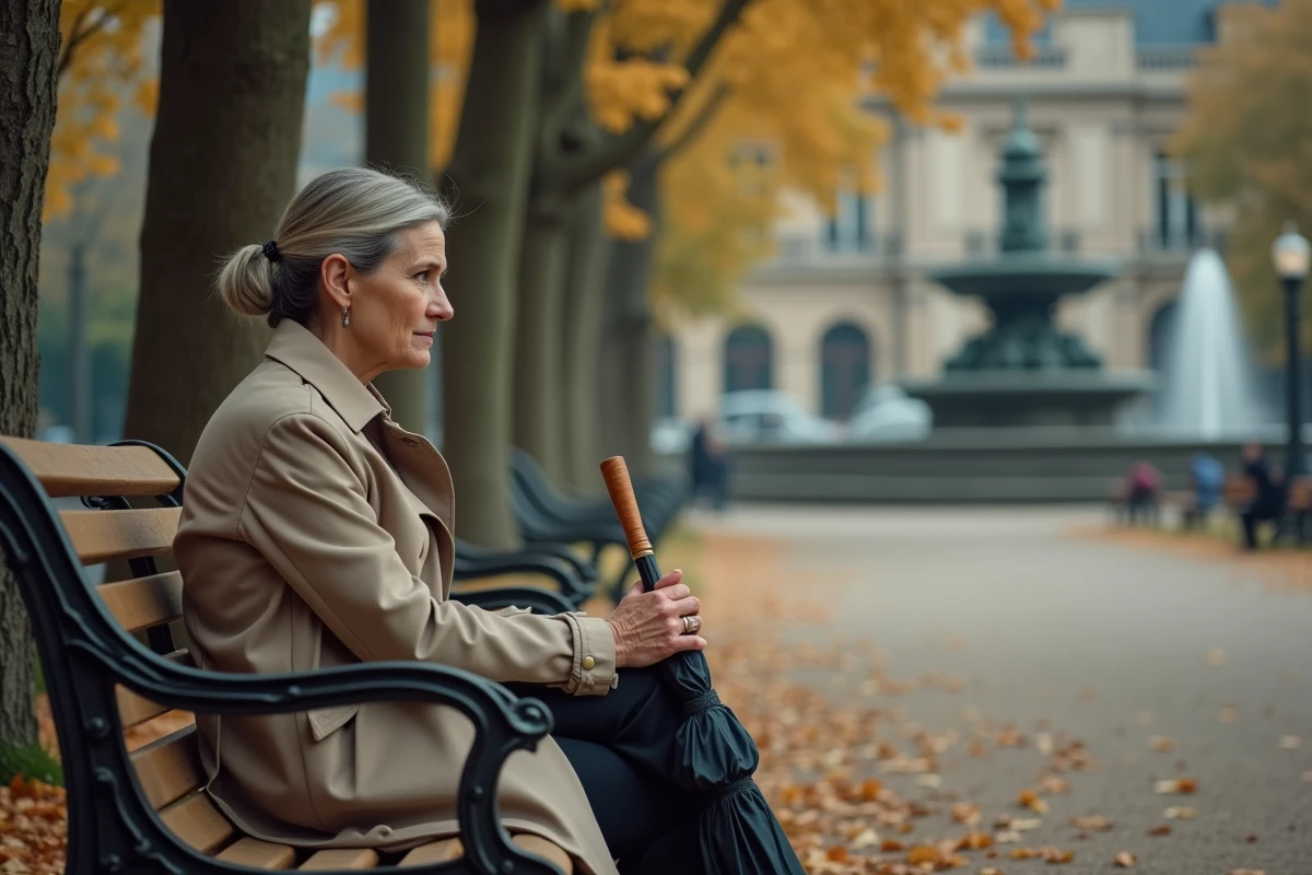 Femme seule et pensive assise sur un banc dans un parc parisien en automne, évoquant la solitude après un divorce