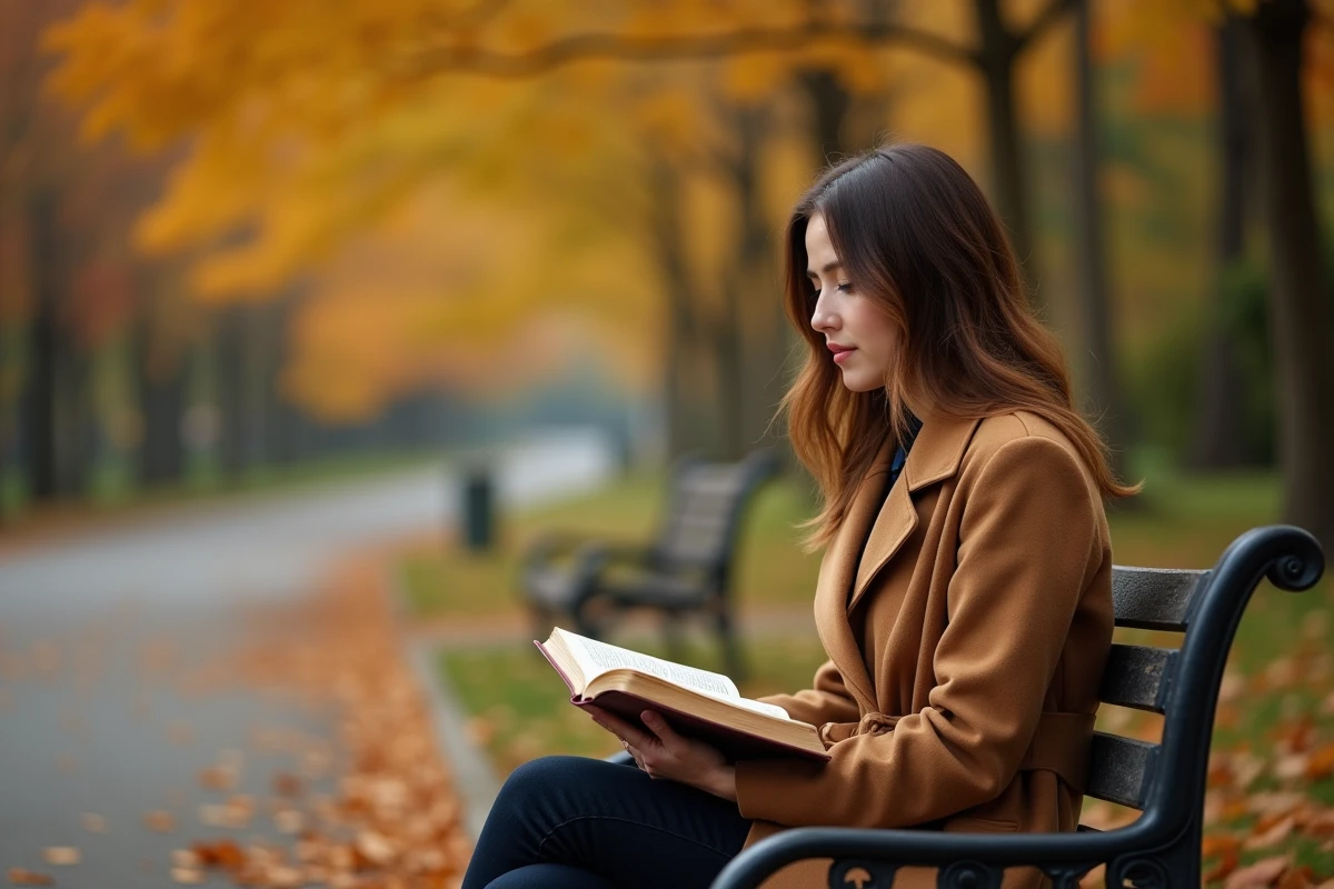 Jeune femme songeuse sur un banc dans un parc en automne, symbolisant la quête affective et émotionnelle
