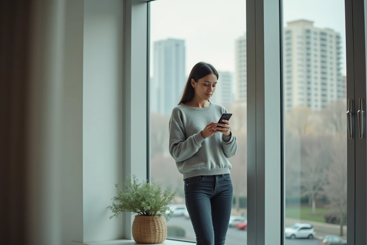 Femme lisant attentivement des informations sur son smartphone pour vérifier des rumeurs, appartement urbain moderne