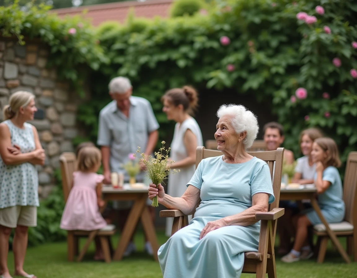 Réunion familiale en jardin pour fêter l'anniversaire d'une grand-mère entourée de ses petits-enfants