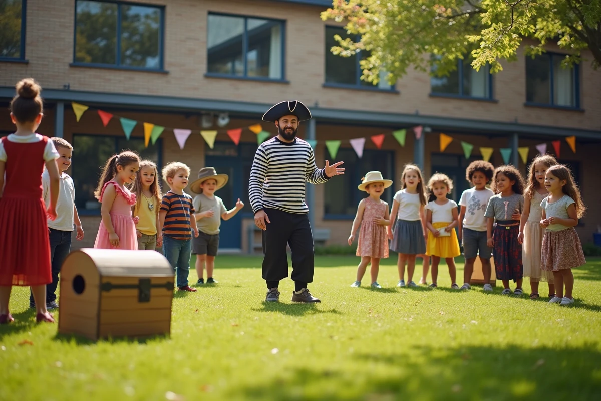 Fête de fin d'année en centre de loisirs avec enfants déguisés autour d'un thème pirate fil rouge annuel