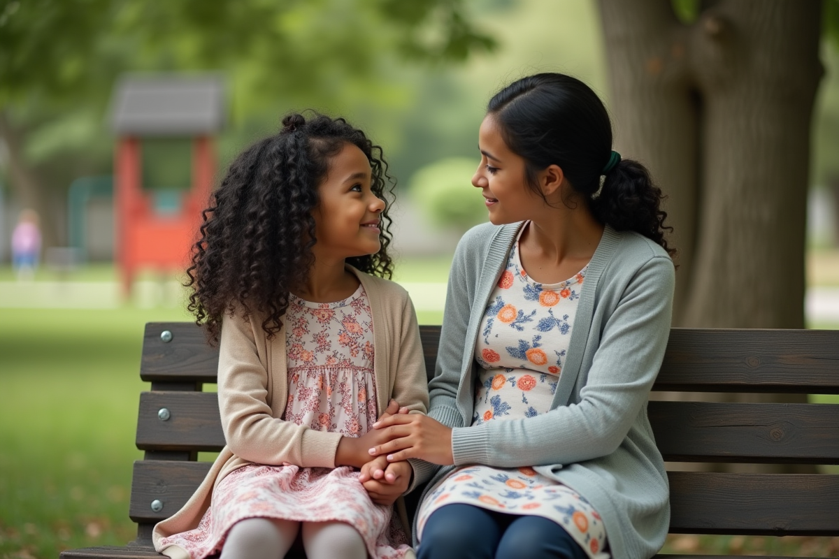 Fille de 10 ans avec sa mère dans un parc en confiance