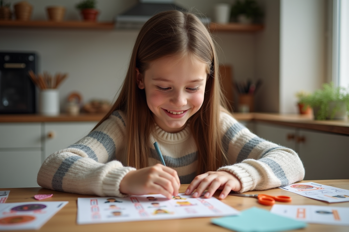Jeune fille souriante dessinant des cartes pour un jeu Guess Who
