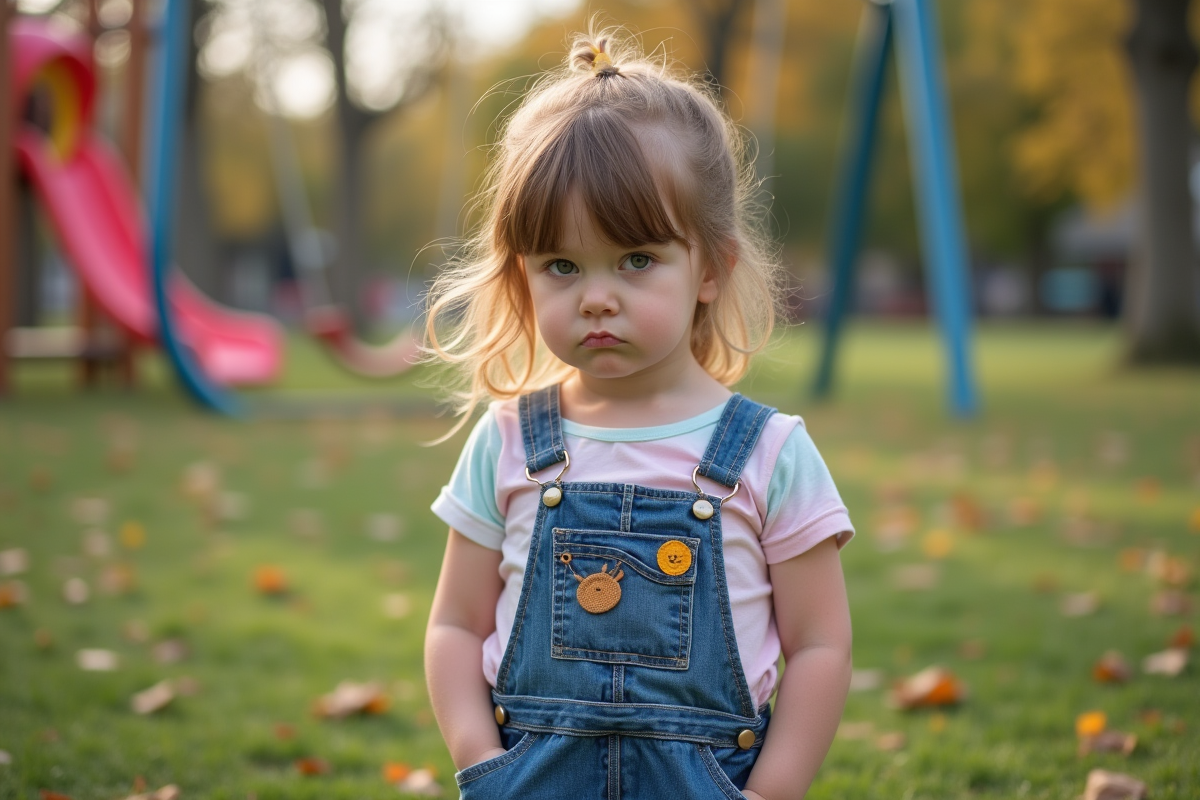 Fille de 6 ans en salopette dans un parc urbain avec toboggan