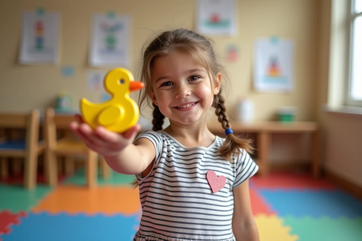 Jeune fille souriante tenant un canard en bois peint lors d