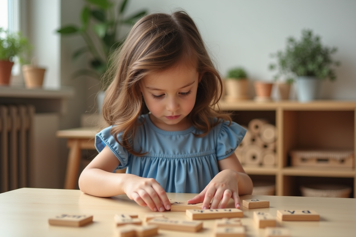 Jeune fille concentrée arrangeant des lettres Montessori